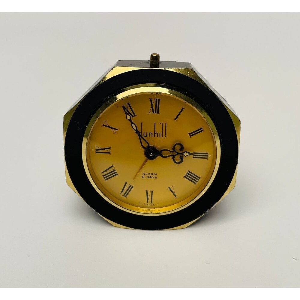 Vintage Dunhill Swiss 8 Day Mechanical Alarm Desk Clock Octagonal Brass 9622